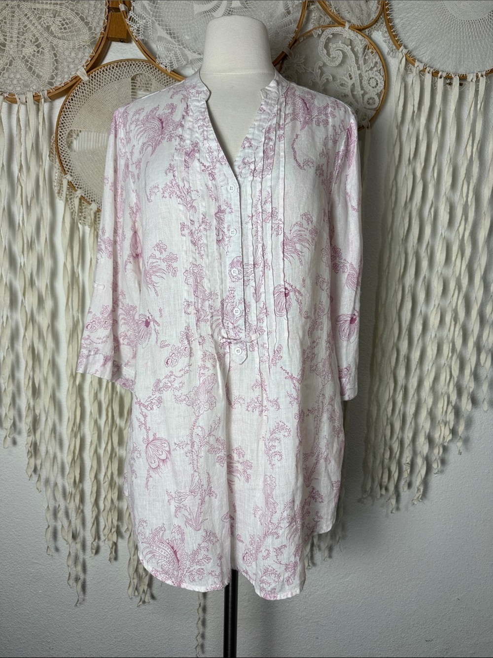 Malvin Hamburg "I Love Linen" Linen Floral Roll Tab Sleeve Tunic Top M and XL - Picture 2 of 10
